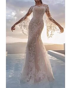 Lace Illusion Neckline Mermaid Gown with Flared Sleeves for Formal Events