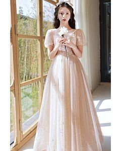 Soft Champagne Tulle Gown with Sparkling Sequins and Puff Sleeves – Perfect for Weddings and Formal Events
