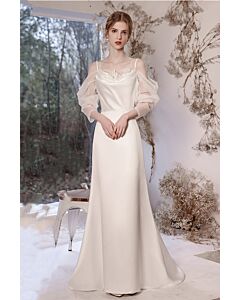 White Spaghetti-Strap Off-the-Shoulder Gown with Sheer Sleeves – Perfect for Weddings and Formal Occasions