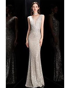 Celestial Silver Sequin Gown – Glamorous Deep V-Neck Bodycon Dress for Red Carpet & Gala Nights