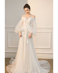  Timeless Off-Shoulder Lace Wedding Dress with Long Sleeves and Elegant Train