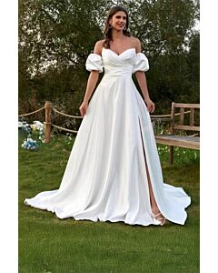 Off-the-Shoulder Puff Sleeve Satin Gown with Side Slit for Formal Events