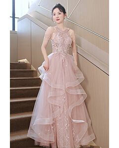 Elegant Blush Pink Ruffled Tulle Gown with Beaded Detailing – Perfect for Galas and Formal Events