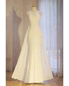 White Halter Neck Sequin Evening Gown – Perfect for Elegant Parties and Special Occasions