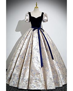 Velvet-Bodice Brocade Ball Gown with Short Sleeves – Perfect for Weddings and Grand Occasions