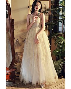 Elegant Champagne Tulle Gown with Glittering Sequins – Perfect for Weddings and Formal Events