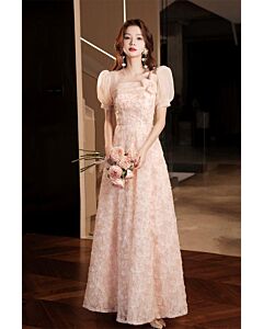 Blush Lace Puff-Sleeve A-Line Gown – Perfect for Weddings and Formal Events