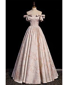 Blush Pink Floral Embroidered Off-Shoulder Gown with Satin Bows – Perfect for Weddings and Formal Events