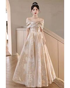 Elegant Off-Shoulder Golden Embroidered Gown – Perfect for Weddings and Formal Events