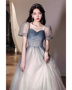 Midnight Frost Ball Gown – Elegant Ombre Tulle Dress with Pearl Beading and Puff Sleeves
