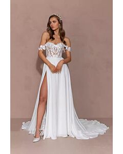 Off-the-Shoulder Lace Bodice Tulle Gown with High Slit and Long Train for Formal Events
