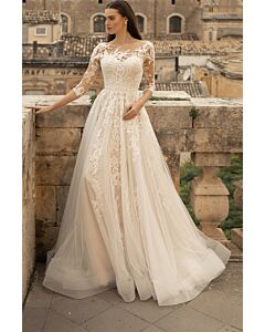 Lace Illusion Neckline A Gown with Long Train for Evening Events