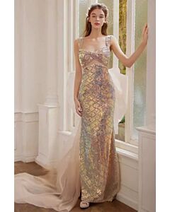 Celestial Glow Sequin Gown – Iridescent Tulle with Elegant Train