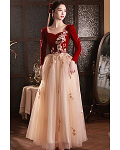 Red Velvet and Champagne Tulle Embroidered Gown – Perfect for Formal Events and Celebrations