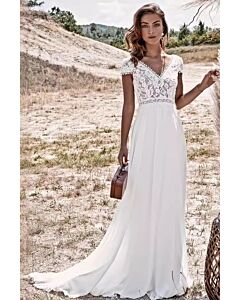 Lace-Top V-Neck A-Line Gown with Long Train for Boho Weddings