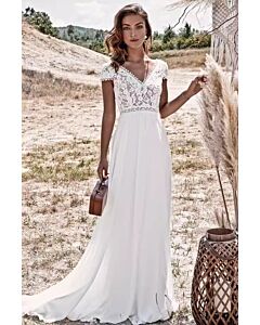 Lace Bodice V-Neck Chiffon Maxi Dress with Long Train for Formal Events