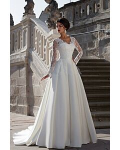Long-Sleeve Lace Illusion Neckline Ball Gown with Long Train for Formal Events