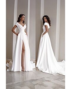 V-Neck High-Slit Satin Gown with Long Train for Formal Events