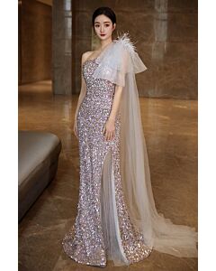 Silver One-Shoulder Feather Sequin Gown – Perfect for Red-Carpet and Gala Evenings