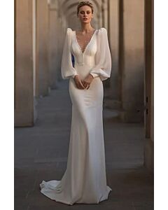 V-Neck Puff Sleeve Sheath Gown with Long Train for Formal Events