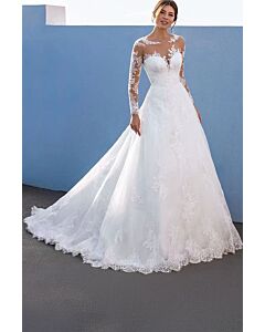 Lace Illusion Neckline Sleeve Ball Gown with Long Train for Formal Events