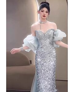Silver Stardust – Off-Shoulder Sequin Mermaid Gown with Puffy Organza Sleeves