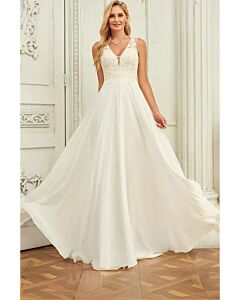 V-Neck Lace Bodice Flowy Chiffon Gown with Long Train for Formal Events