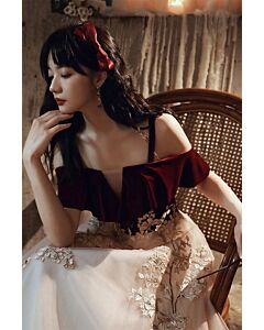 Velvet Cold-Shoulder Gown with Floral Embroidered Tulle Skirt – Perfect for Weddings and Formal Events