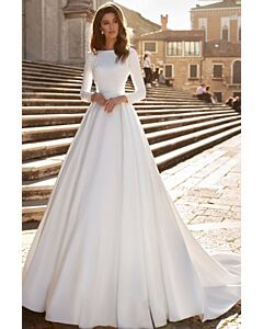 Long-Sleeve A-Line Gown with High Neck and Long Train for Formal Events