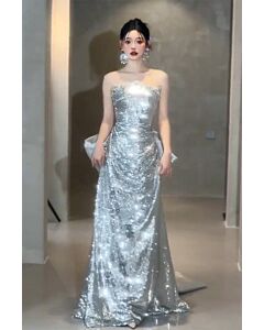 Starfall Siren – Strapless Draped Silver Sequin Mermaid Gown