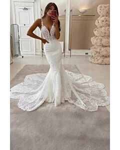 Deep V-Neck Lace Mermaid Gown with Long Train for Formal Events
