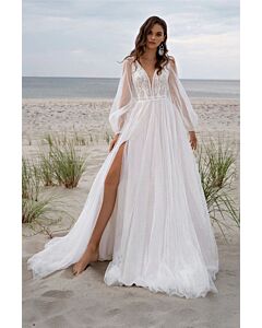 Lace V-Neck Long-Sleeve Gown with High Slit and Long Train for Beach Weddings