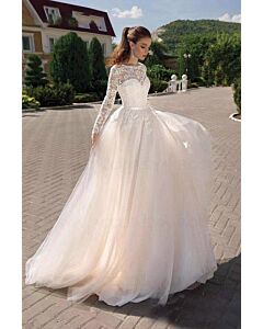 Long-Sleeve Lace Ball Gown with Illusion Neckline and Long Train for Formal Events