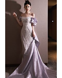 Elegant Off-Shoulder Lavender Evening Gown with Embellished Bodice and Dramatic Train