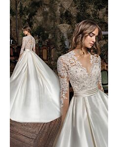 Lace Illusion Long-Sleeve V-Neck Satin Ball Gown with Long Train for Formal Events