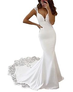 Lace V-Neck Mermaid Gown with Long Train for Evening Events