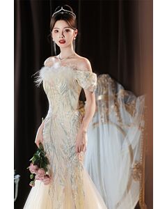 Featherlight Aurora – Off-Shoulder Feather Trim Embroidered Tulle Mermaid Gown