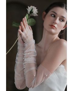 Sheer Pearl-Embellished Bridal Gloves for Wedding Gowns