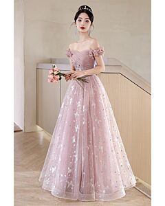 Blush Pink Off-Shoulder Tulle Gown with Shimmering Accents – Perfect for Weddings and Formal Events