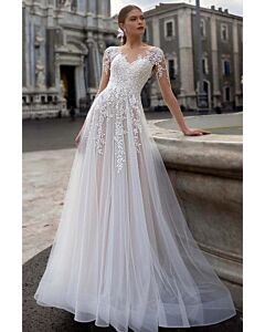 Lace Illusion Neckline Tulle Ball Gown with Long Train for Formal Events