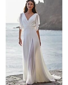 V-Neck Flutter Sleeve Chiffon Gown with Long Train for Formal Events