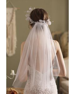 Floral Embellished Tulle Veil with Long Train for Bridal Events