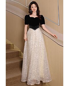 Black Velvet Puff-Sleeve Gown with Champagne Sequin Skirt – Perfect for Evening Soirées
