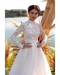 High-Neck Lace Bodice Long-Sleeve Tulle Ball Gown with Long Train for Formal Events