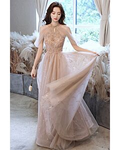 Dusty Rose Beaded Halter Tulle Gown with Cape – Perfect for Weddings and Formal Galas