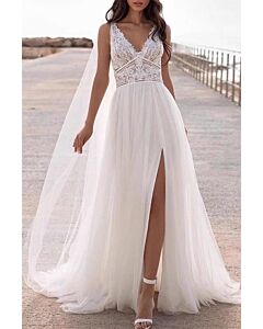 V-Neck Lace Bodice Tulle Gown with Side Slit and Long Train for Formal Events