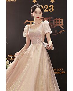 Sparkling Blush Pink Sequin Puff Sleeve Gown – Perfect for Proms and Elegant Celebrations