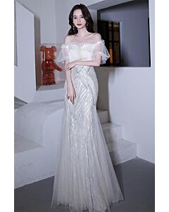 Ivory Flutter-Sleeve Sequin Tulle Mermaid Gown – Perfect for Weddings and Formal Occasions
