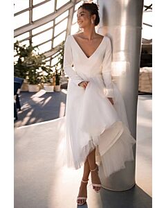 Long-Sleeve V-Neck Asymmetrical Tulle Gown for Evening Events