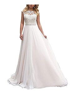 Lace Illusion Neckline A-Line Gown with Long Train for Evening Events